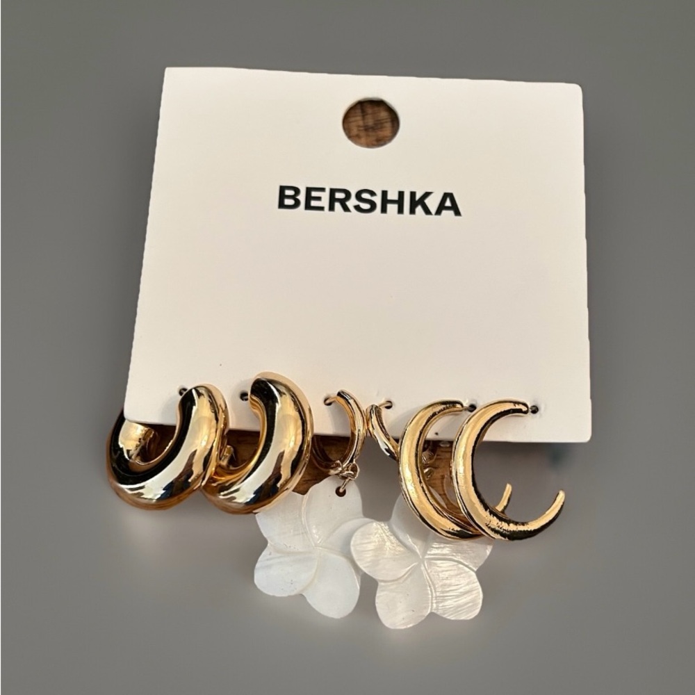Bershka Set of 3 Gold Hoop and White Earrings Set